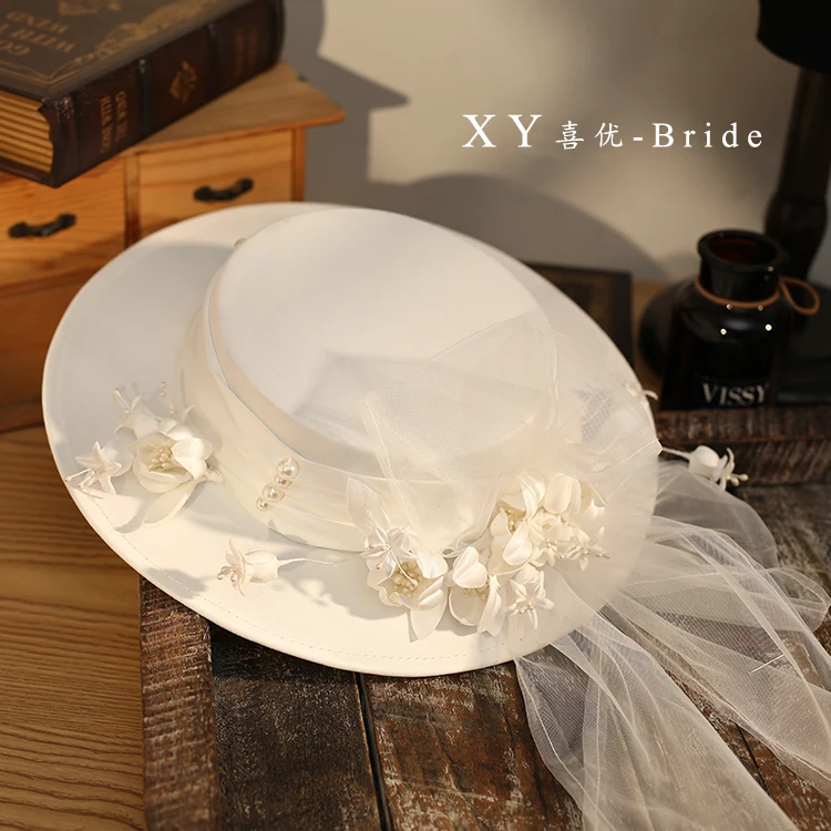 French Style White Satin Fedoras Elegant Flower Bowknot Wedding Hat with Long Veil Prom Cocktil Evening Party Formal Fedora Hat