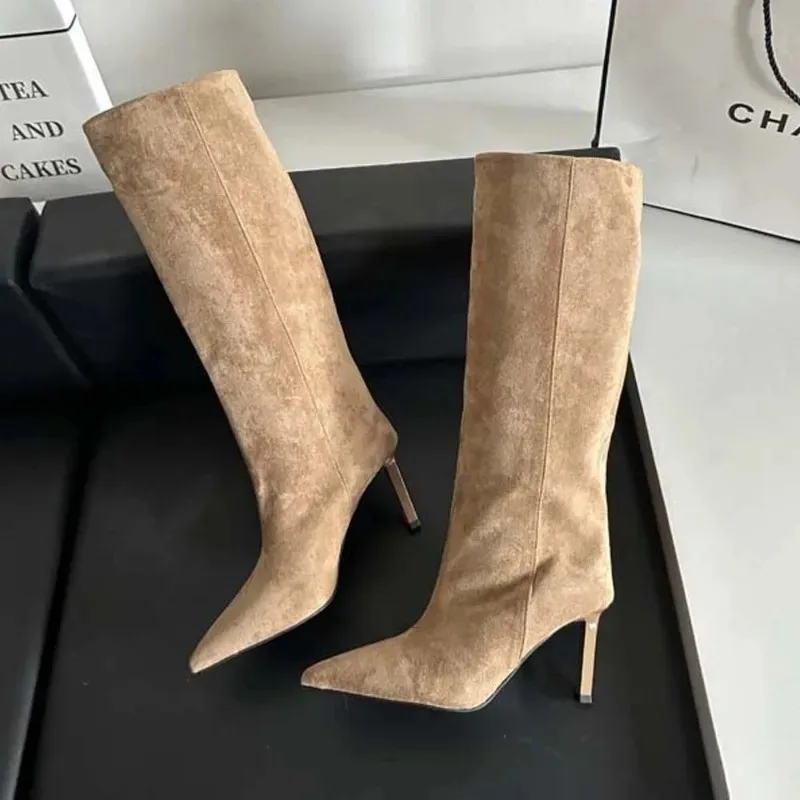 Luxury Women Long Boots Fashion Suede Slouch Boots French Style Pointed Tip High Heel Boots for Woman Designer Shoes Botas Mujer