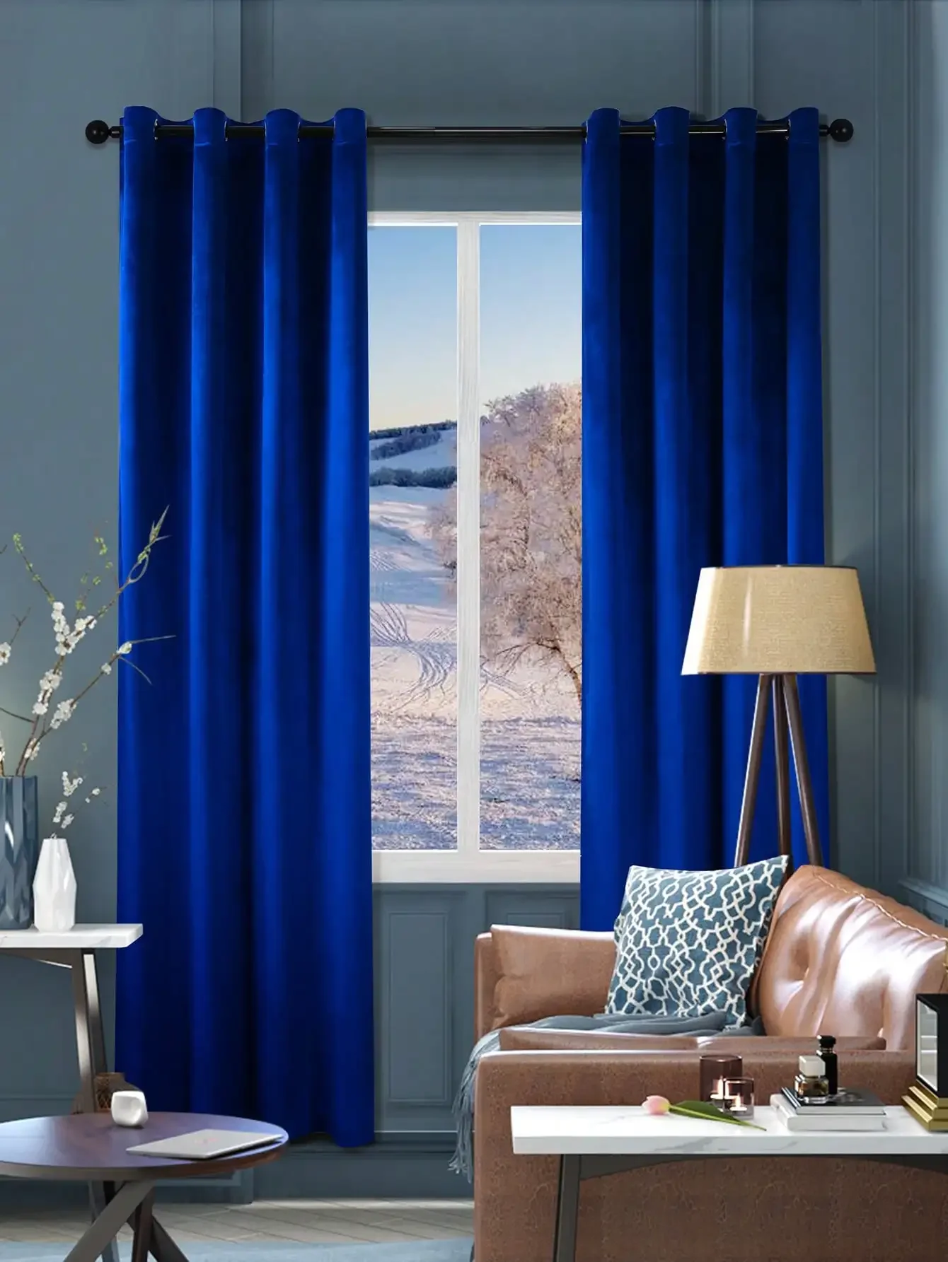 1pc Blue Color Luxurious Curtains for Living Room Velvet Material Thick & Warm Retro Bedroom Window & Door Decoration