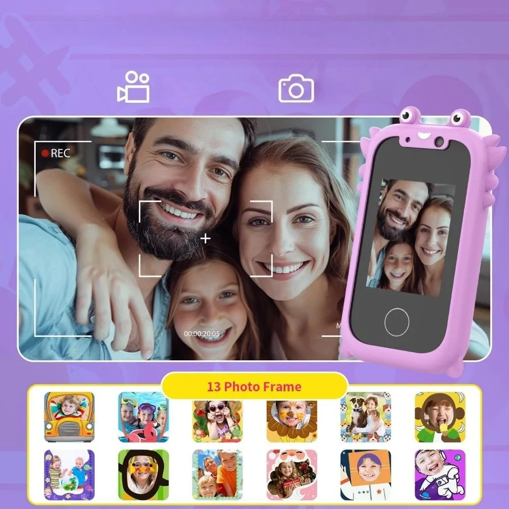 Juguete de teléfono inteligente con pantalla táctil de 2,4 pulgadas para niños, con cámara dual de 1080P, tarjeta SD y 13 juegos, regalo morado con temática de unicornio, ideal para el aprendizaje divertido de los niños pequeños, juegos de simulación y exploración segura con la cámara en casa o de viaje