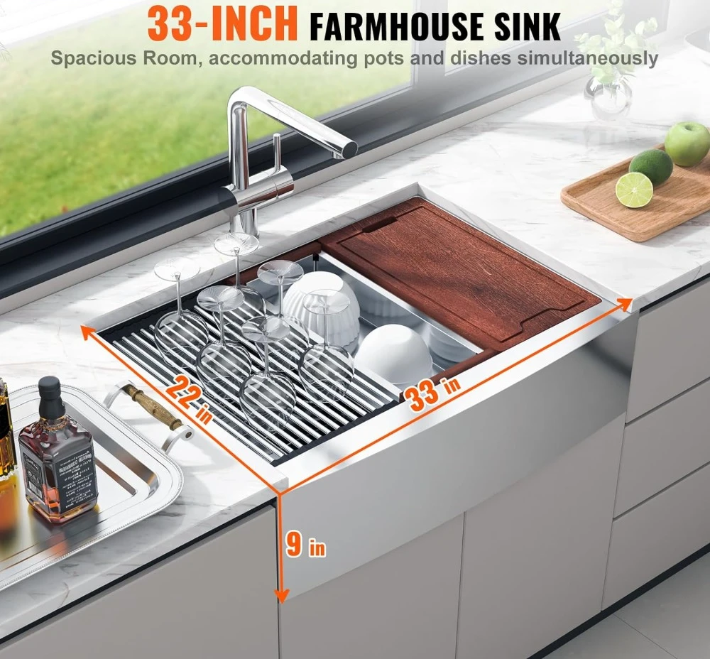 33 Inch Farmhouse Kitchen Sink 304 Stainless Steel Sink Household Dishwasher Sinks for Farm Organizer Multifunction Strainer