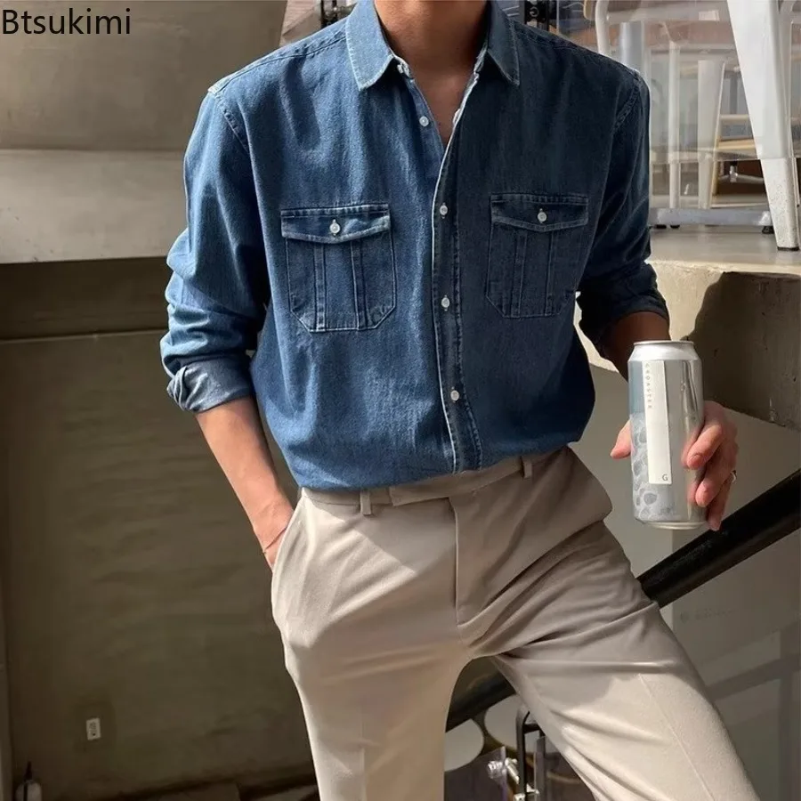 New Autumn Men's Wash Retro Denim Shirts Leisure Long Sleeve Button-down Premium Denim Shirt Solid Color Business Pocket Blouse