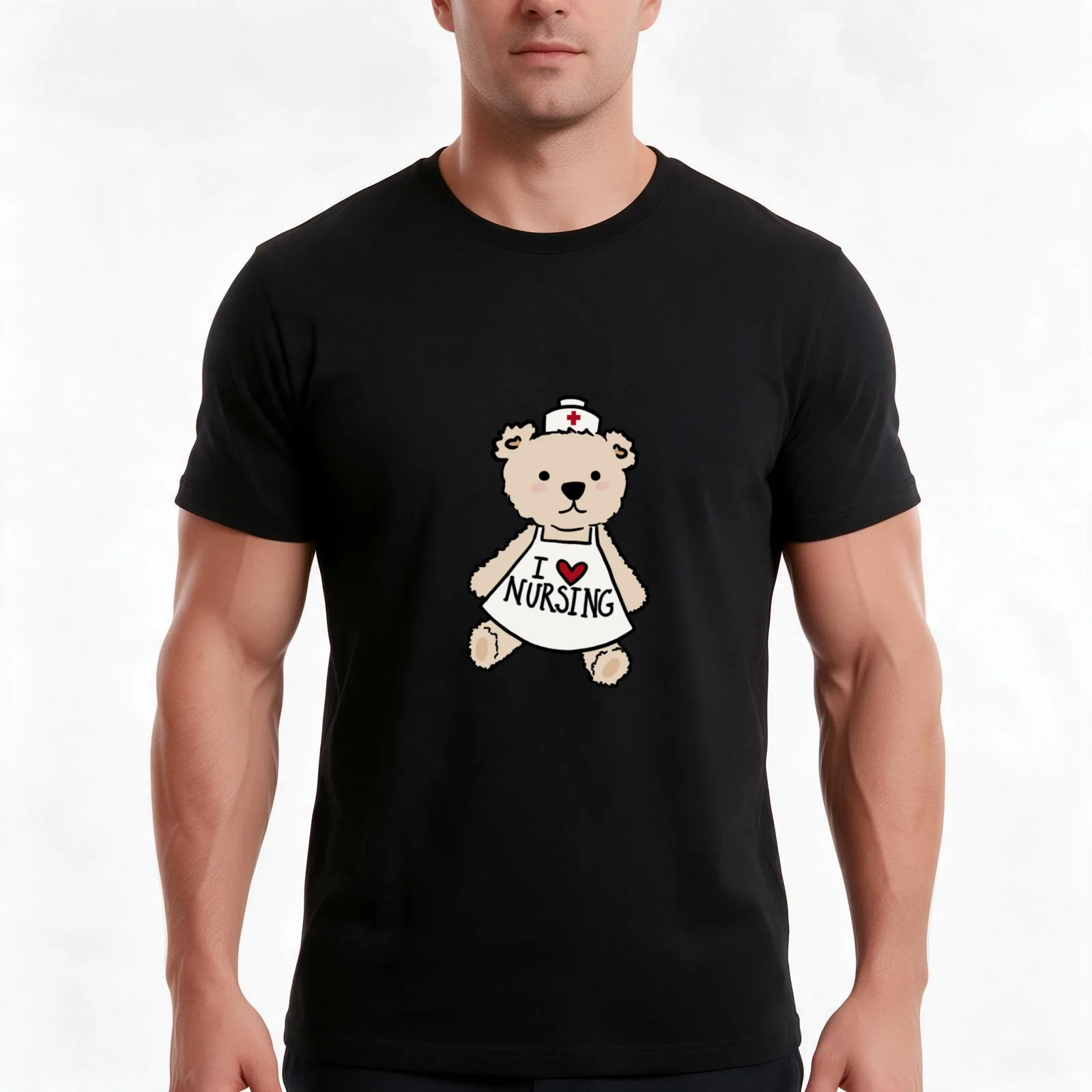 White Nurse Bear T-Shirt Summer Casual Cotton Tee Oversized Streetwear Tops Vintage Graphic Print Loose Fit Short Sleeve