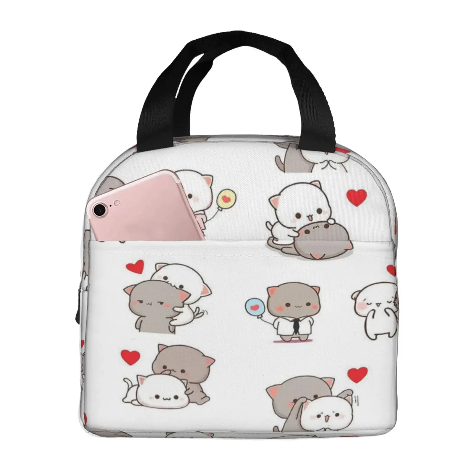 Cute Mochi Peach and Goma Cat Pattern Lunch Tote Bag Insulated Leakproof Lunch Box Container with Front Pocket for Girls Boys