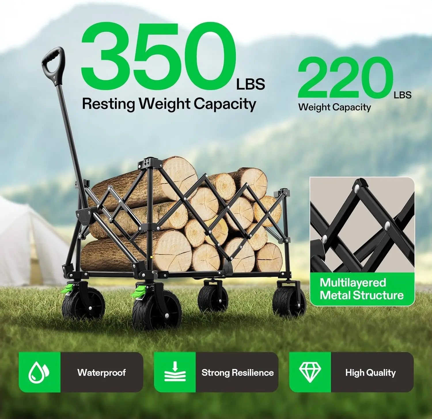 عربة قابلة للطي مع عجلات صامتة لجميع التضاريس، ومقبض قابل للتعديل، وحاملات أكواب وجيوب للاستخدام الخارجي