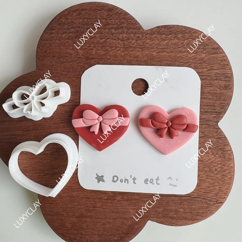 2pcs/set Valentine's Day Heart Gift Box Polymer Clay Cutters Heart Bow Shaped Pottery Clay Molds Earrings Pendant Making Tools