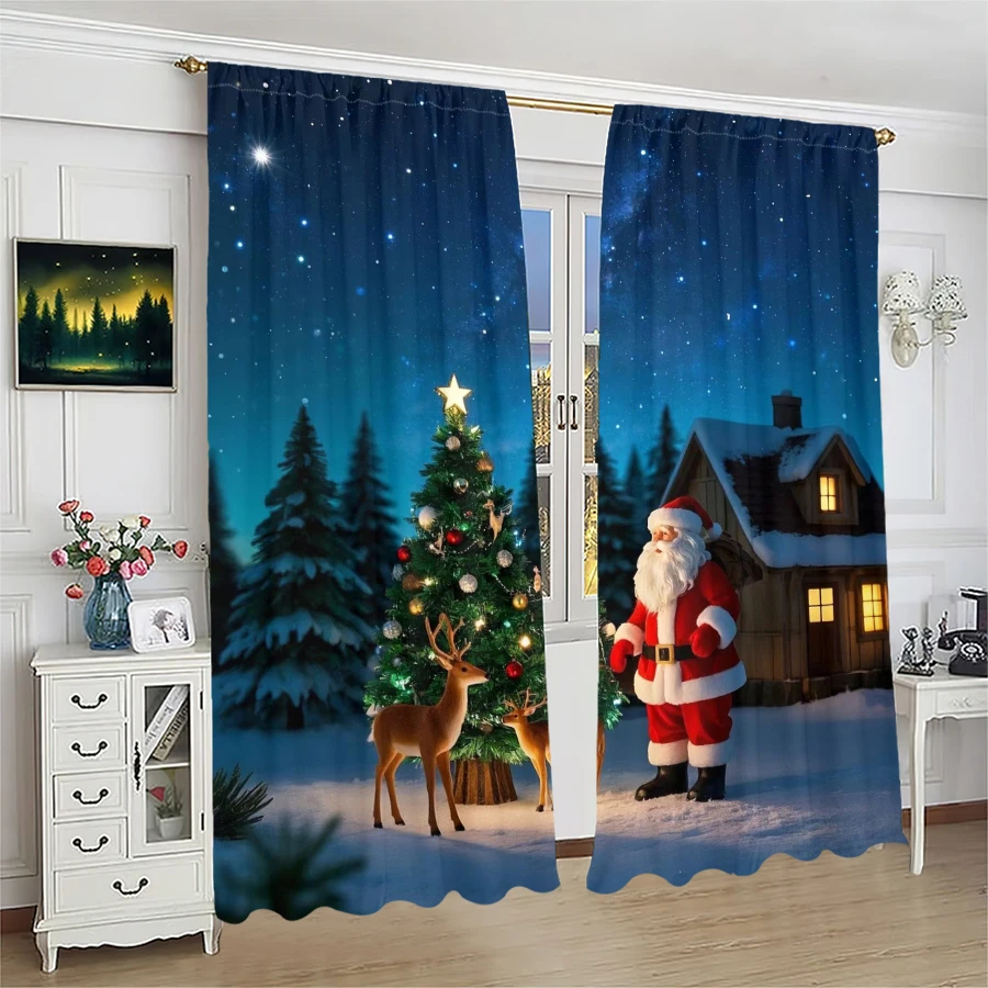 

2pcs- Christmas Santa Claus Christmas tree pattern printed curtains, Christmas decorations, home decorations, room decorations