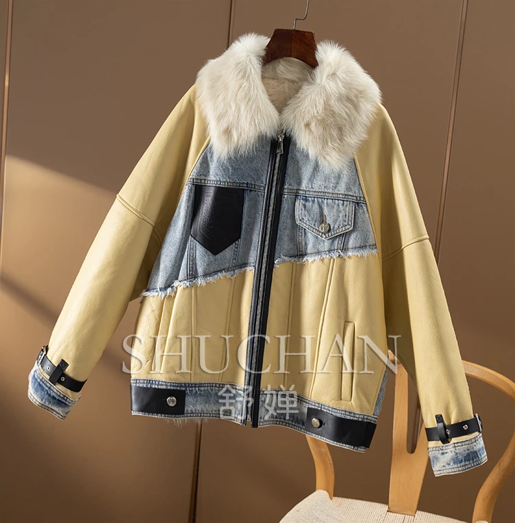 Italy Tuscany Sheepskin Patchwork Denim Leather Jacket 90 Down Jacket Women Casacos Femininos Inverno 2024