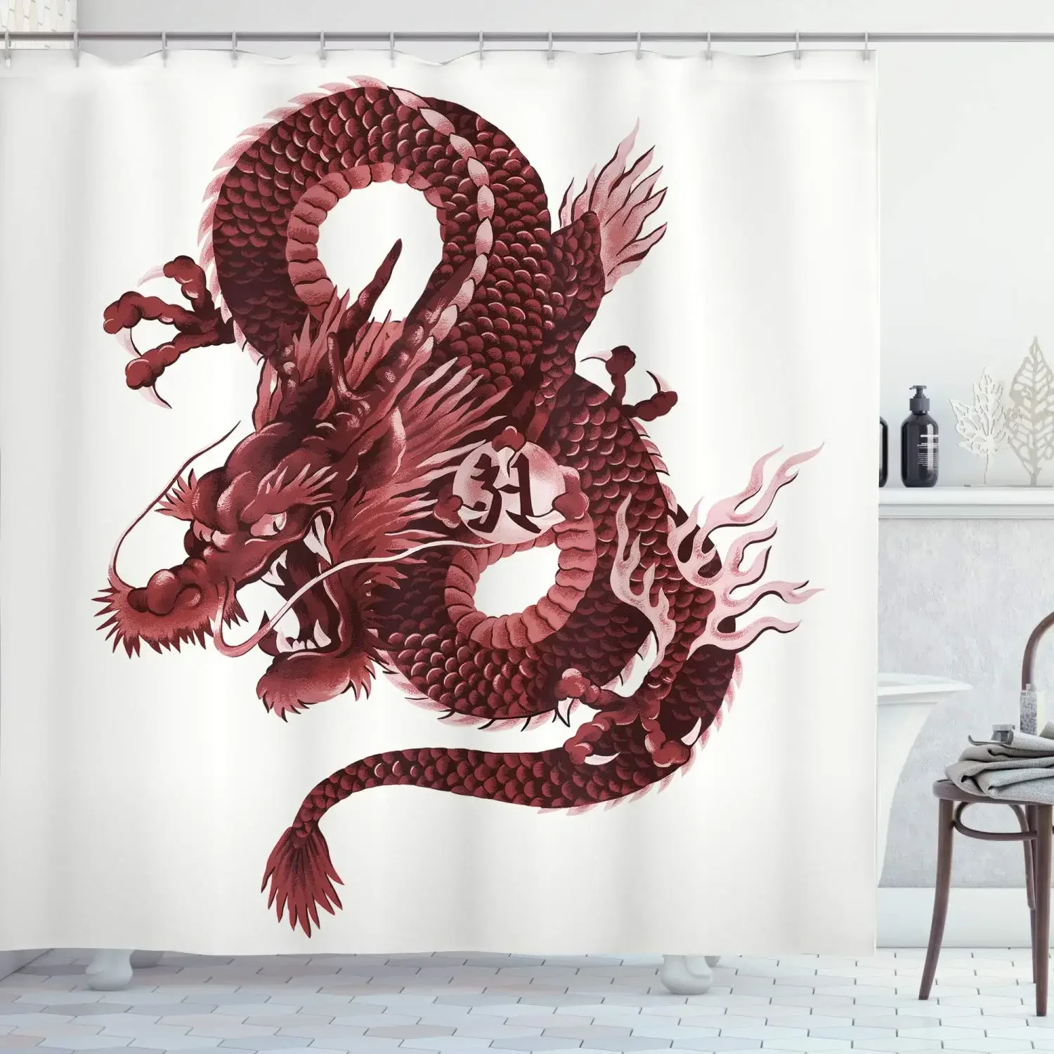 Dragon Shower Curtain Angry Fantasy World Creature on Grunge Back Japanese Eastern Ethereal Pattern Washable Bathroom Set,Hooks