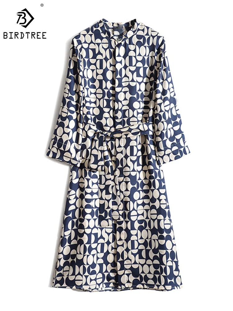 

Birdtree 100%Mulberry Silk Shirt Dress Women's Geometric Print High-Fashion Temperament Navy Blue Print Dresses Summer D36706QM