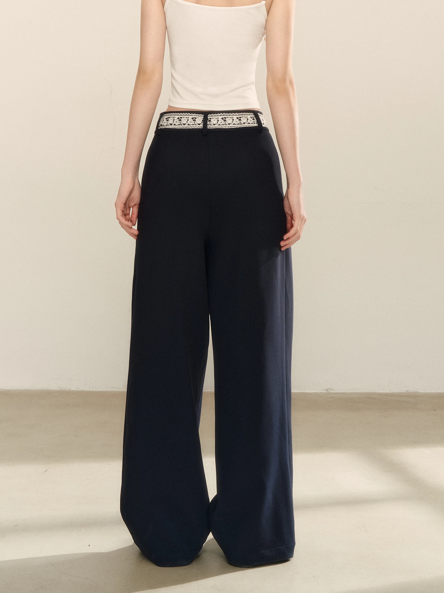 QDQD Pantaloni a gamba larga a vita alta con giunture in pizzo Pantaloni estivi a vita alta casual da pendolare Sle Pantaloni a tubo dritto da donna di colore blu