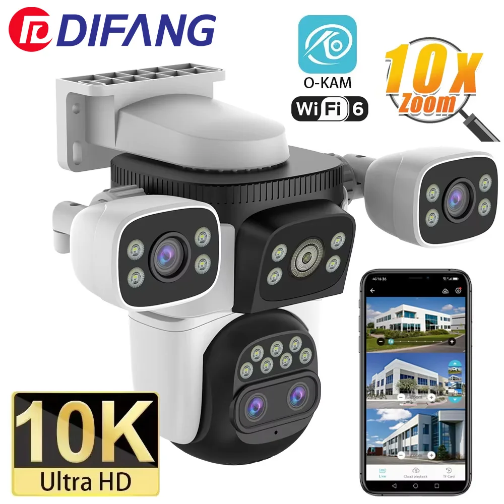 PTZ 자동 추적 야외 방수 보안 CCTV, 10K 해상도, 10배 광학 줌, WiFi6 지원, 20MP 카메라, 4화면, 6K 듀얼 렌즈