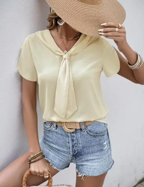 

Women's Top 2025 Summer New Casual Fashion Short Sleeve Blouse Elegant Scarf Neck Design Light Colored Minimalist Style Top