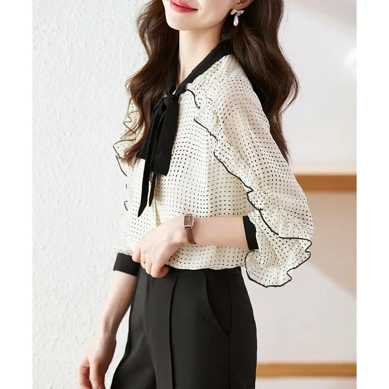 Female Spring Summer Korean Fashion Button Polka Dot O-neck Chiffon Women Shirts Lacing Elegant Fashionable Long Sleeve Top Tee