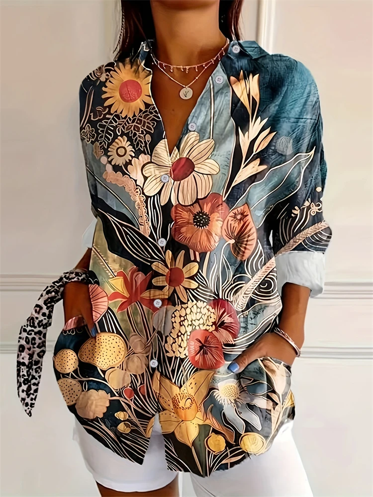 رائعة الطاووس طباعة المرأة زر أسفل قميص عارضة عطلة تنفس قميص المرأة قمم أزياء طويلة الأكمام التلبيب قميص #2