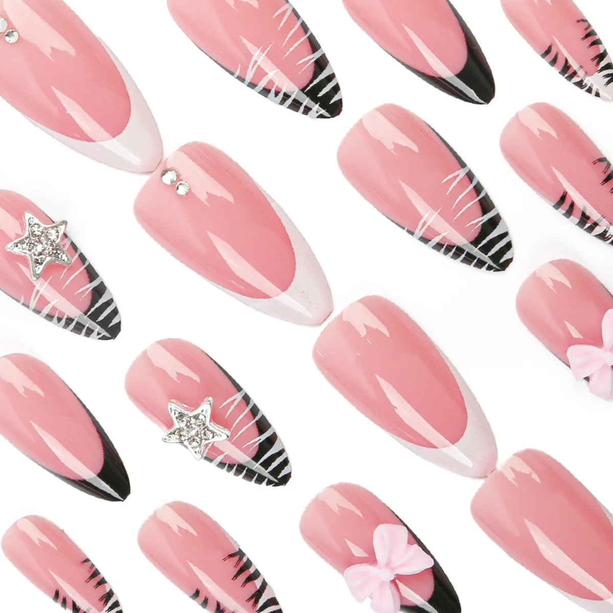 24 pz Y2k Zebra-stampato Stile Francese Unghie Finte Bordo Bianco Stella di Metallo Rosa Bowknots Presse sulle Unghie Dolce Fresco Mandorla Unghie Finte
