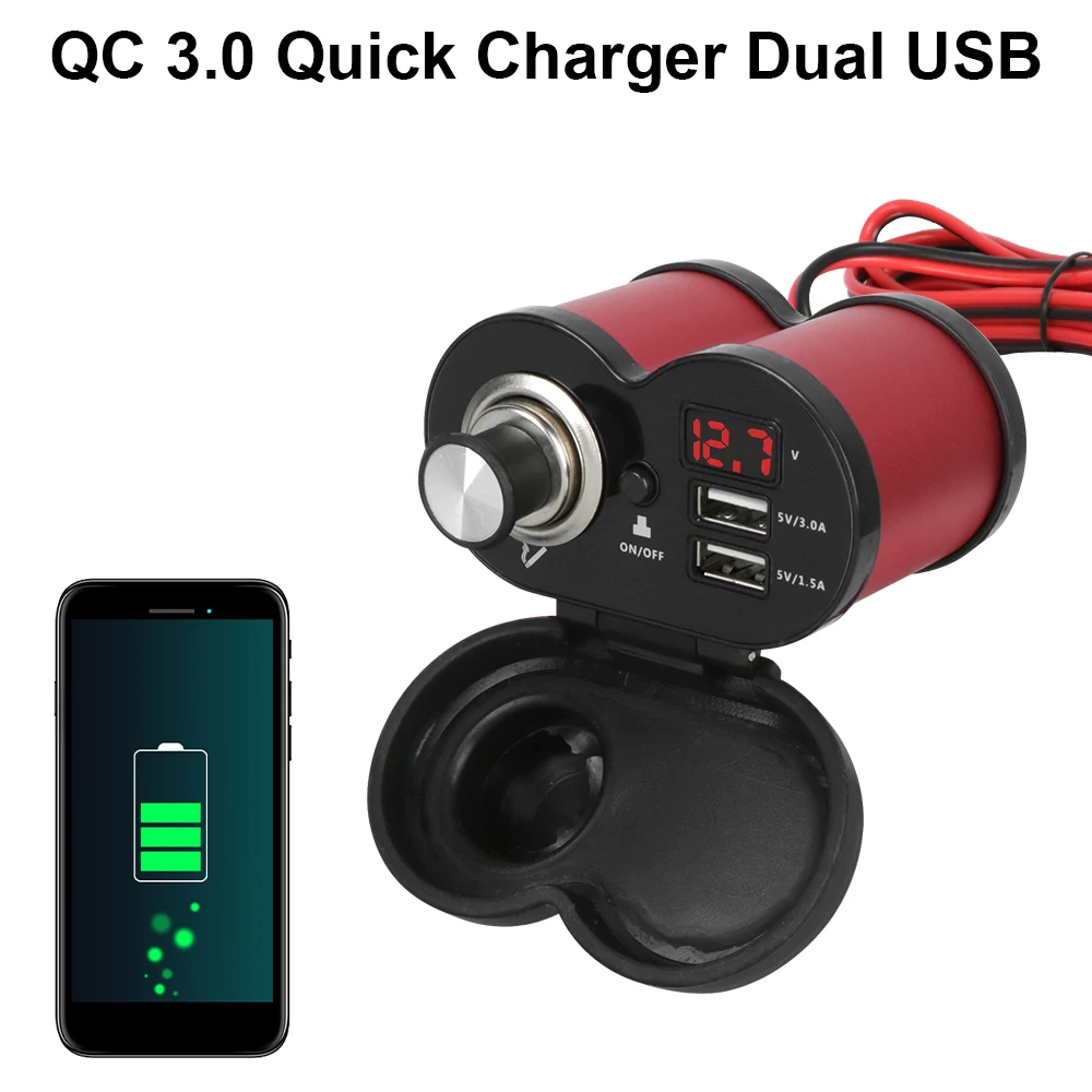 Dual USB Port Cigarette Lighter Socket Waterproof Dustproof Motorcycle Handlebar Charger QC 3.0 Digital Voltmeter Adapter