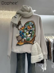 Sudaderas con capucha de gran tamaño para mujer, Jersey holgado de longitud media con estampado de dibujos animados de la industria pesada, jersey de manga larga con diamantes de imitación, Otoño, 2024