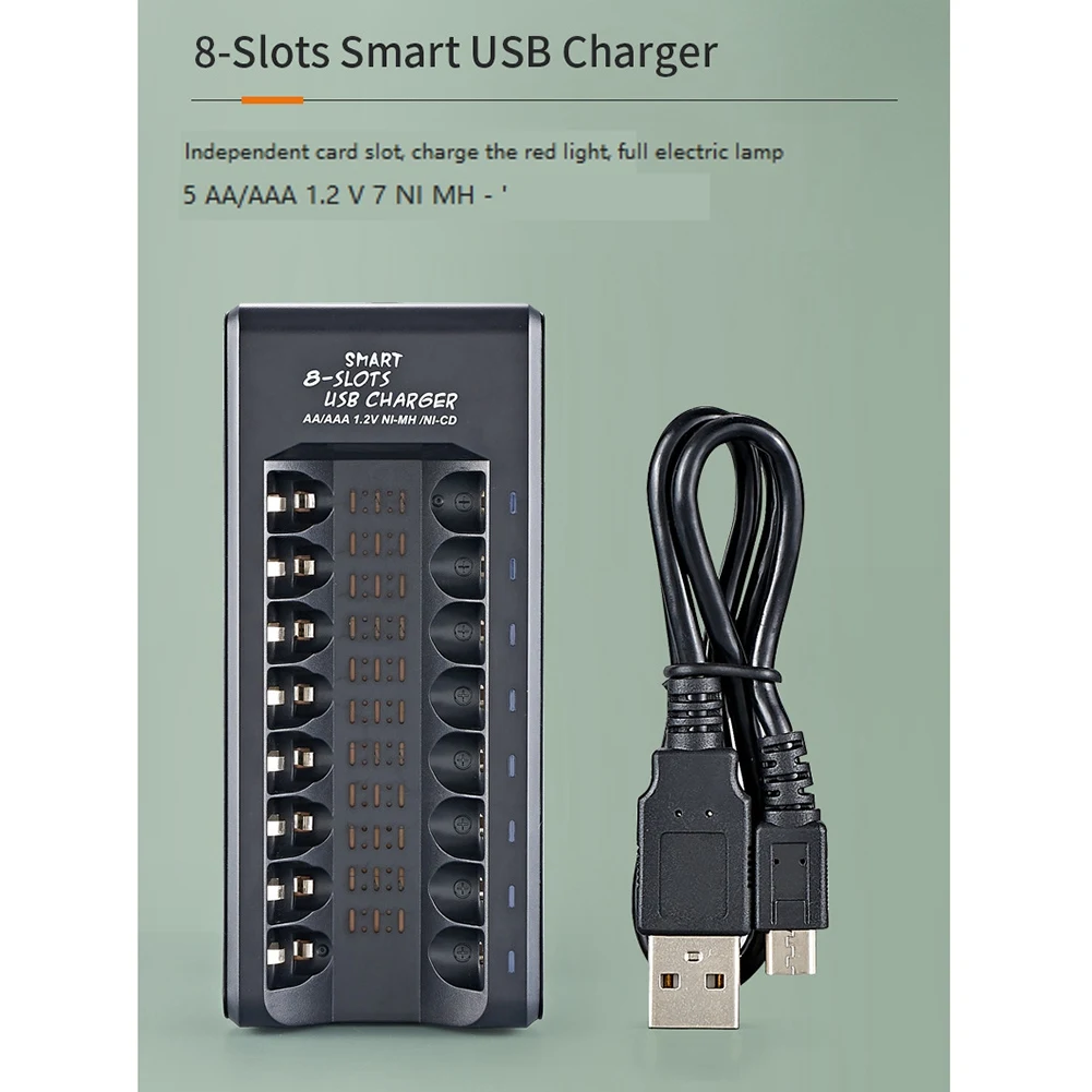 AA84 8 فتحة شاحن بطارية USB سريع مع مؤشر LED ضوء محول ذكي لبطارية 1.2 فولت AA AAA Ni-MH Ni-CD القابلة لإعادة الشحن