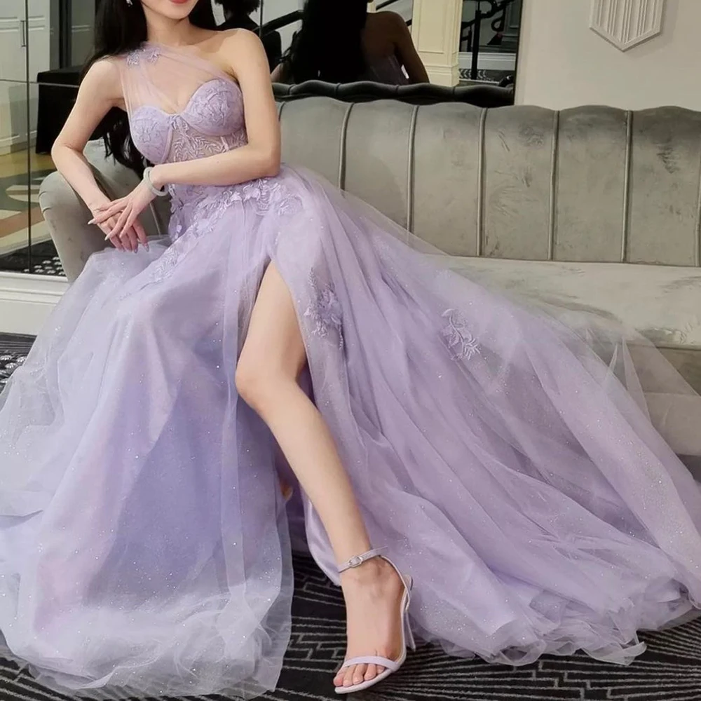 

One Shoulder Lilac Evening Dresses 2025 Hot Sale Sparkly Tulle Floral A Line Long Illusion Prom Gowns with Slit Women Graduation