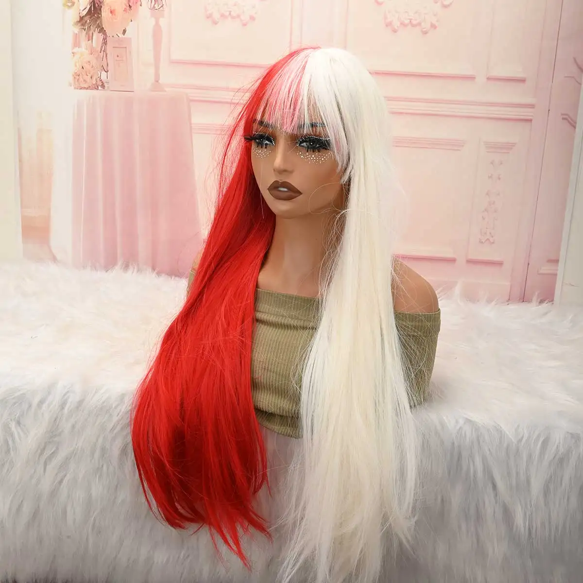 Half Red Half White Long Straight Wig, Full Bangs Synthetic Wig for Women Halloween Costume Club Dating Wear
