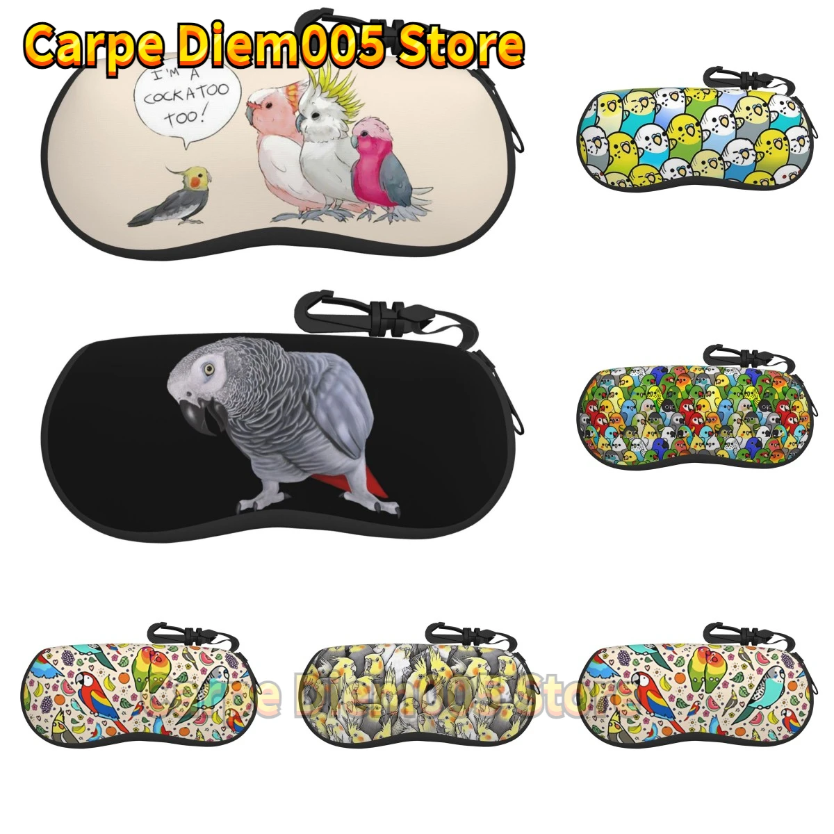 Custom Birds Cockatiel Budgie Parrot Sunglasses Soft Zip Case Eyeglass Cases with Belt Clip