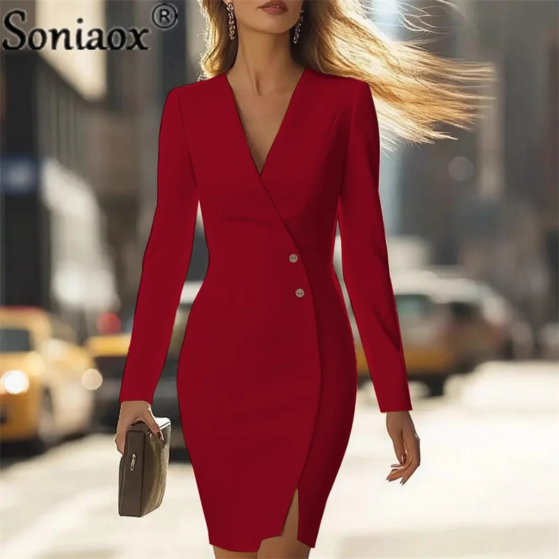 Blazer con spacco solido moda donna Abito da pendolare con bottoni da ufficio Abito casual Autunno Lady Elegante abito al ginocchio con scollo a O 2025