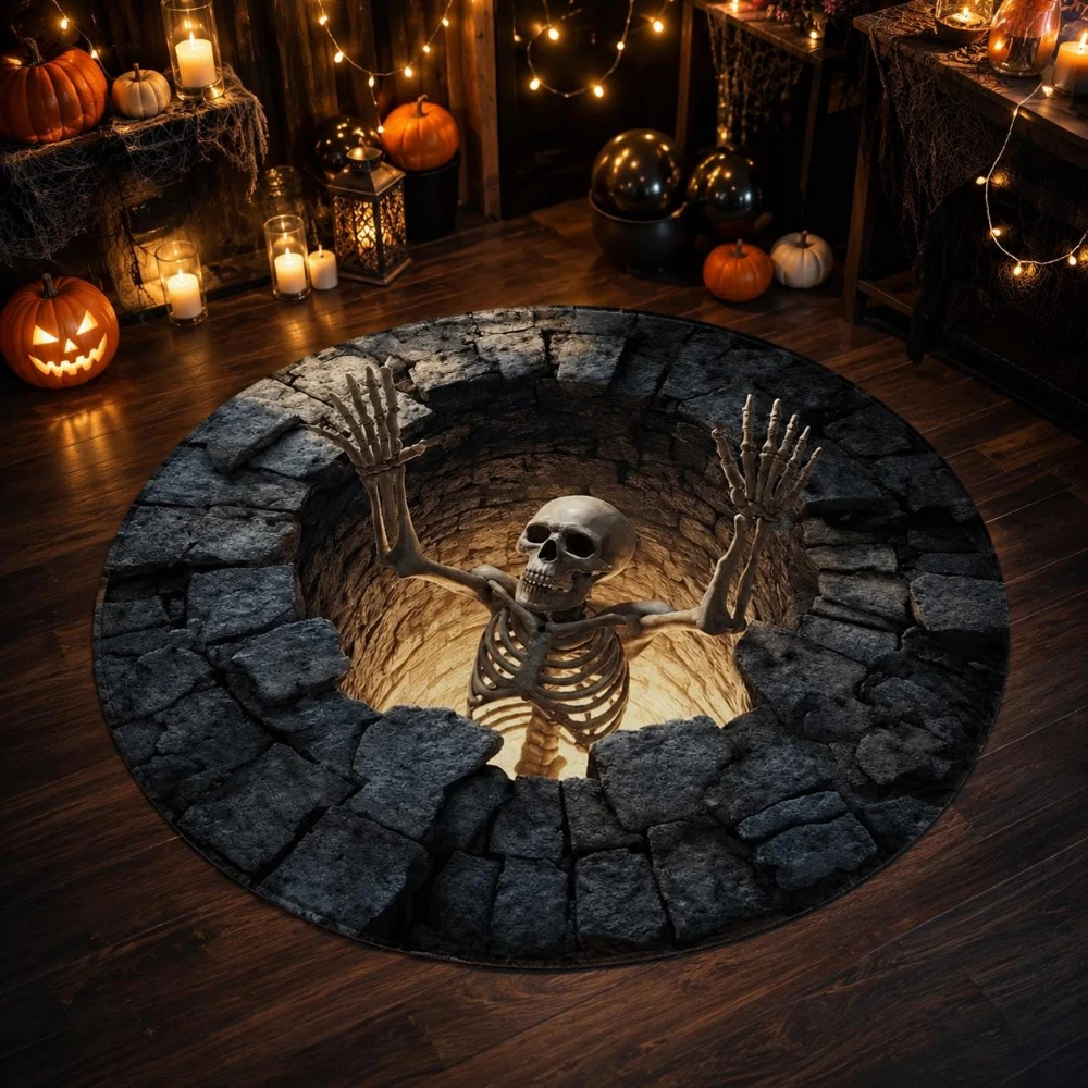 Halloween Skeleton 3D Illusion Circle Rug Coffee Table Carpet Living Room Home Decor Bedroom Front Door Back Door Floor Mat