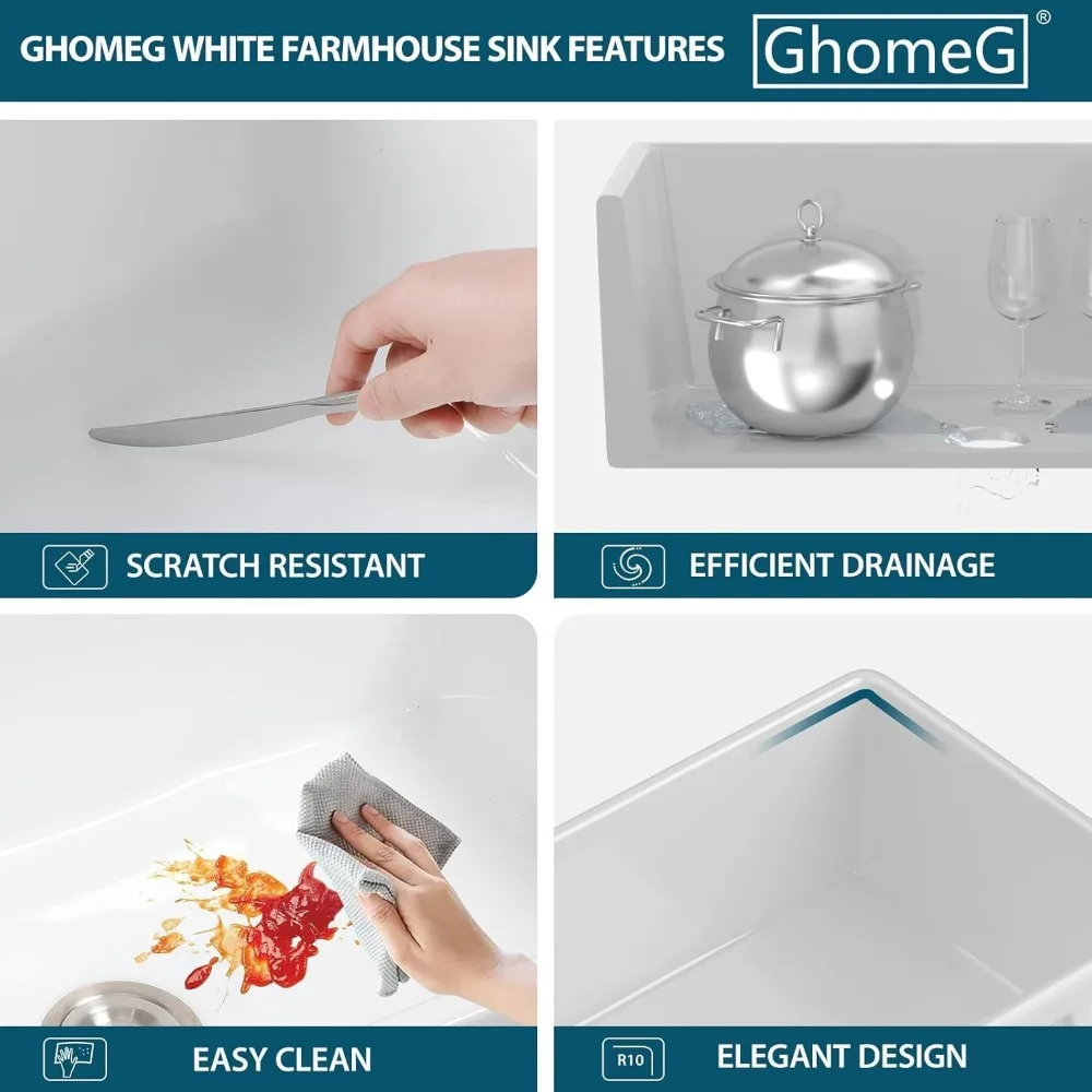 Tablier d'argile de feu blanc de 24 pouces de profondeur, évier de cuisine de ferme à cuvette unique avec conception de Style fermier en céramique