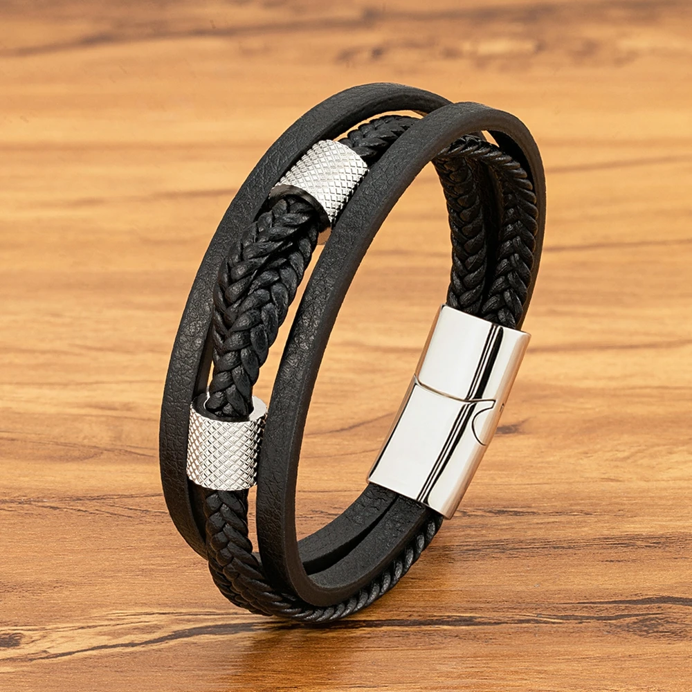 TYO-جلد طبيعي المنسوجة سوار للرجال ، Vintage سوار حلية ، الفولاذ المقاوم للصدأ ، المغناطيس مشبك ، الجملة الإكسسوارات ، دروبشيبينغ