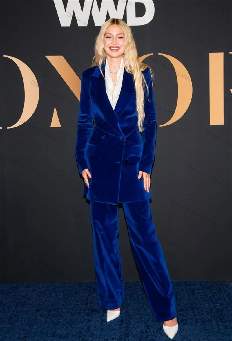 Velvet Blue Women Suit Set 2 Piece Blazer+Pants Formal Office Lady  Jacket Wedding Tuxedos Customized Business Coat Trousers