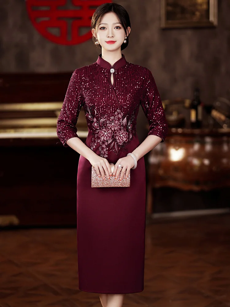 

Rust Red Evening Gown Ele Midi Qipao Wedding Dr Sequins Spring Autumn Suitable for Mom Middle Aged Women Ele Sle