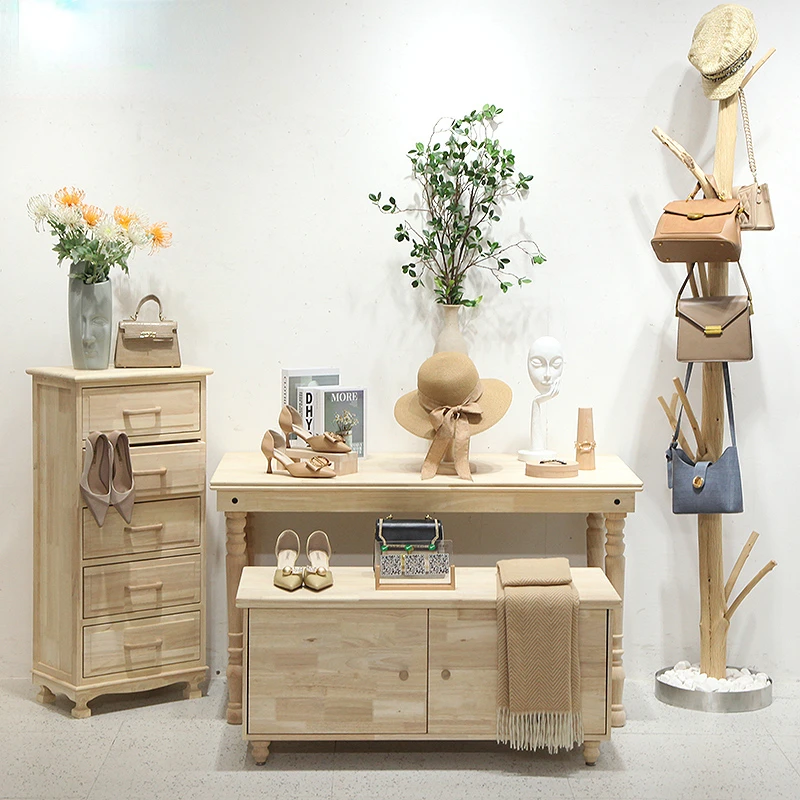 Clothing Store Display Stand Floor Clothesline Pole Women's Clothing Store Display Stand Flower Stand Solid Wood Display Table