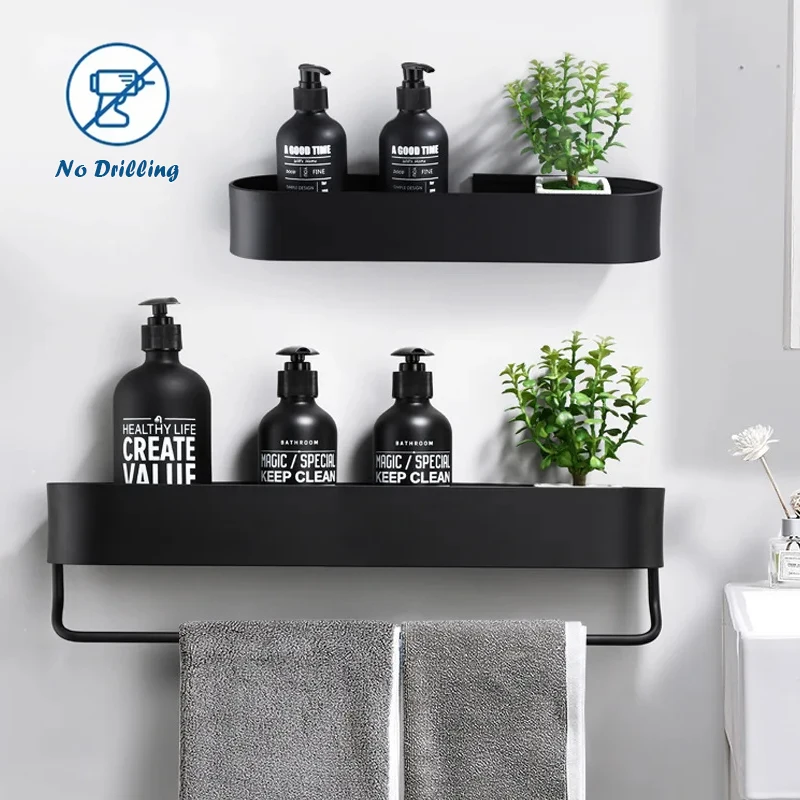 Nordic Bathroom Shelf Rack No Drill Wall Mounted Shelves Bath Towel Holder Black Shower Storage Basket Bathroom Accessories
