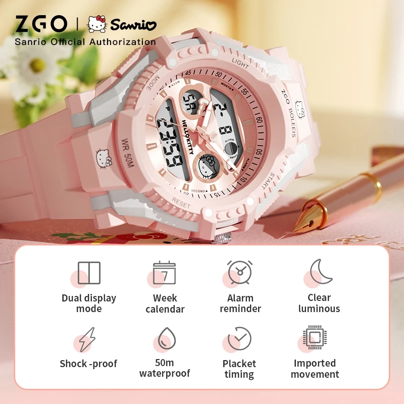 ZGO X Sanrio Hello Kitty Watch For Kids Primary School Student Wristwatch Waterproof Electronic Watches Middle School Girls 8391