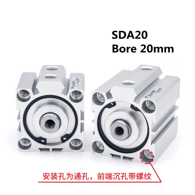 SDA20 Pneumatic Aluminum Alloy Double Action Compact Air Cylinder Bore 20mm Stroke 5/10/15/20/25/30/35-100mm Stroke