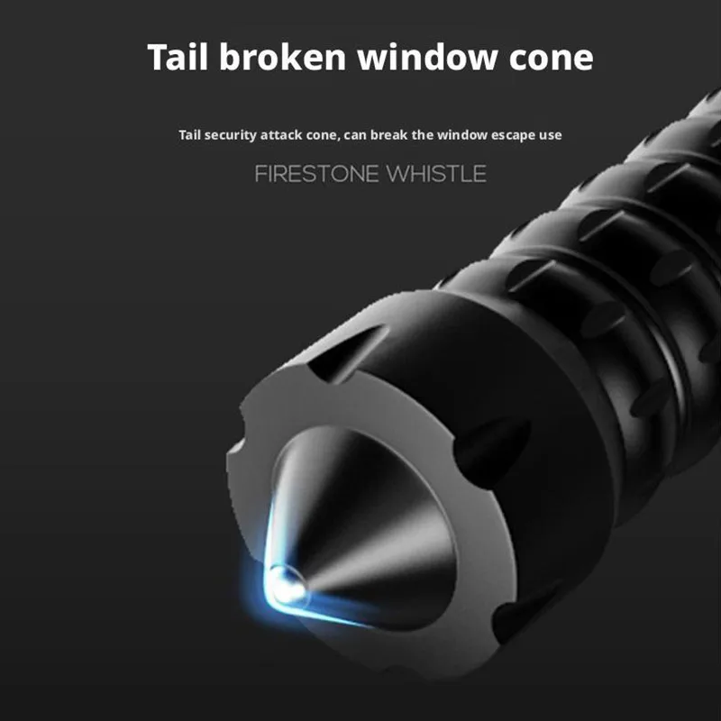 Rechargeable Tactical Flashlight with Long Handle Emergency Self-Defense Window Breaker Hammer Outdoor Survival Torch