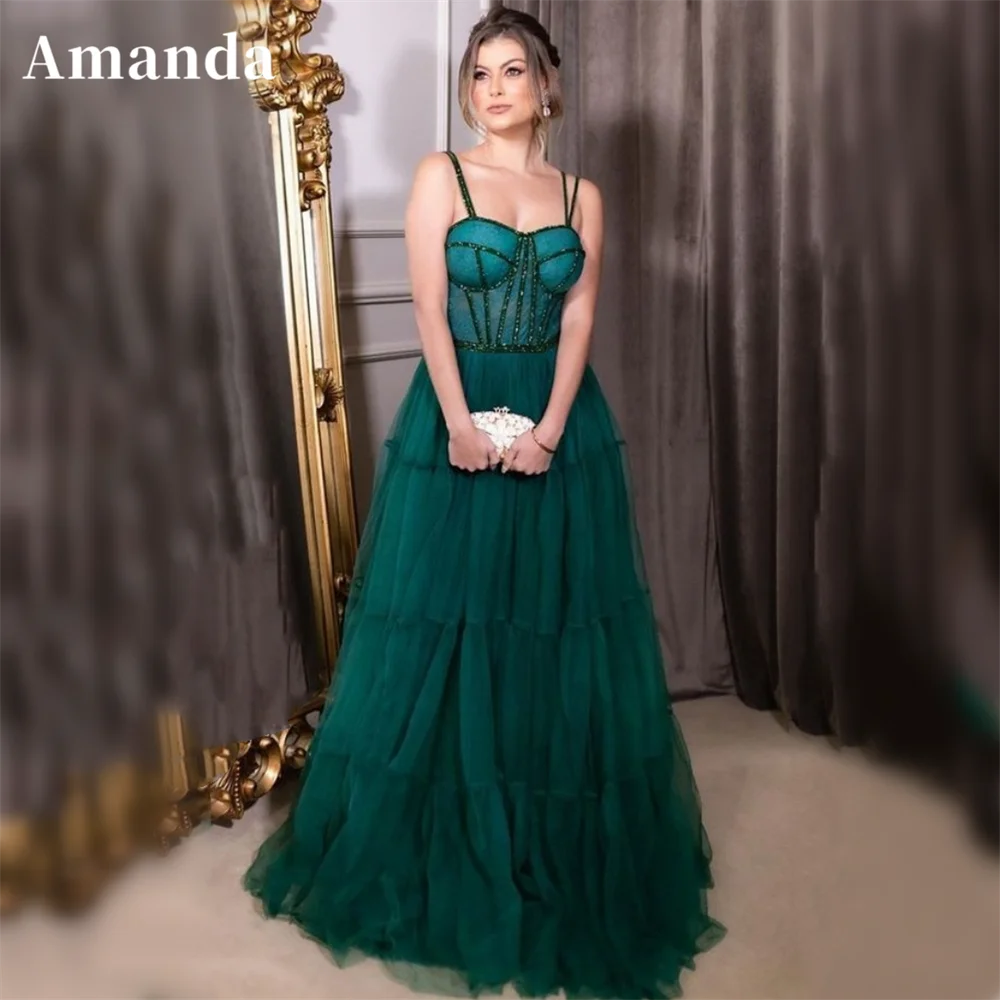 

Amanda Gliiter Stapls Vestido De Novia Fishbone Chest Prom Gown Dark Green Multilayer Prom Dress Sleeveless A-line فساتين السهرة