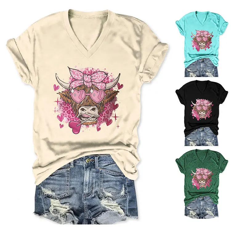 

Summer V-neck casual T-shirt pink leopard print bull head print new loose short-sleeved blouse women's all-match pullover