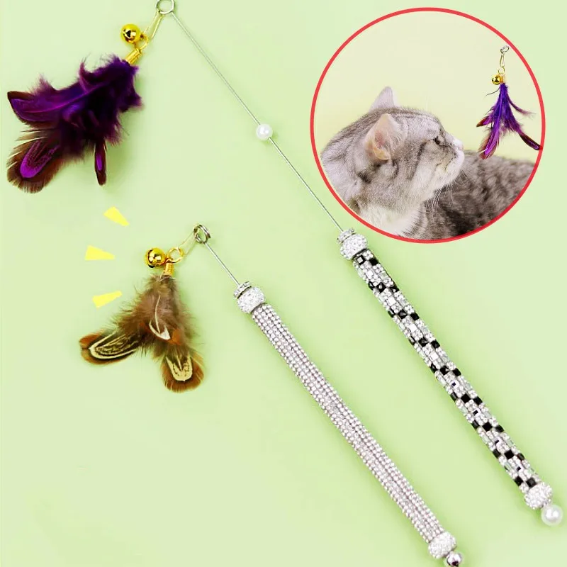 

Cat Toy Feather Stick Cat Toys Interactive Retractable Handle Teaser Toys for Cats Teasing Sticks Steel Wire Cats Toy with Bell