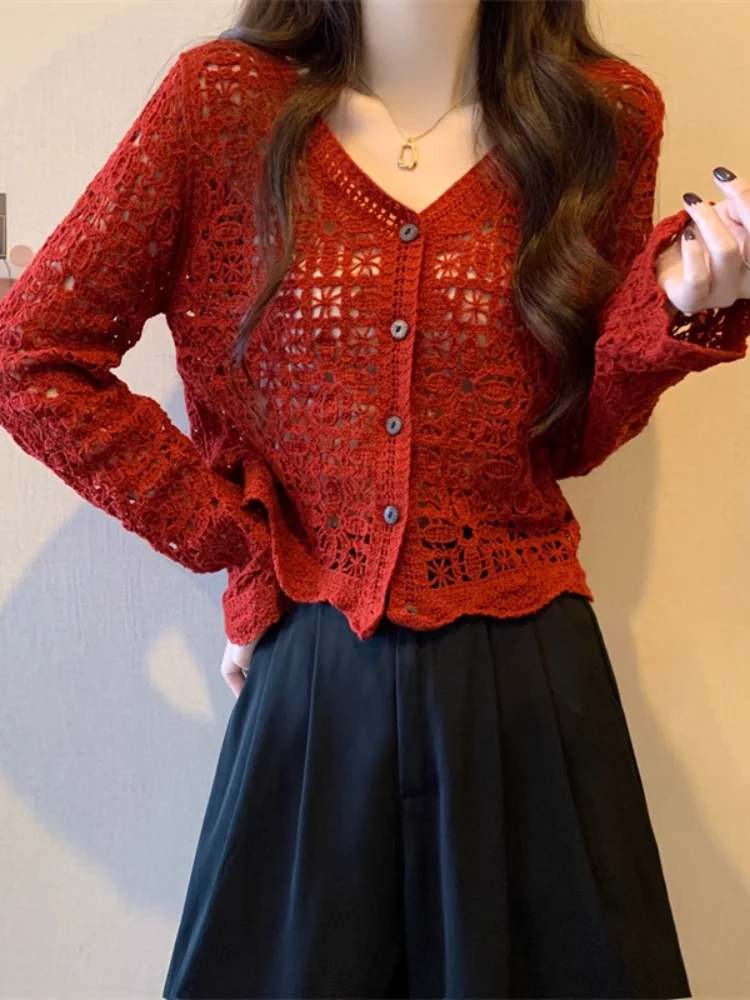 Cardigan fin brodé à crochet pour femmes, ajouré, coréen, v-ne, Long, coupe ample, manteau en Fiber de Polyester