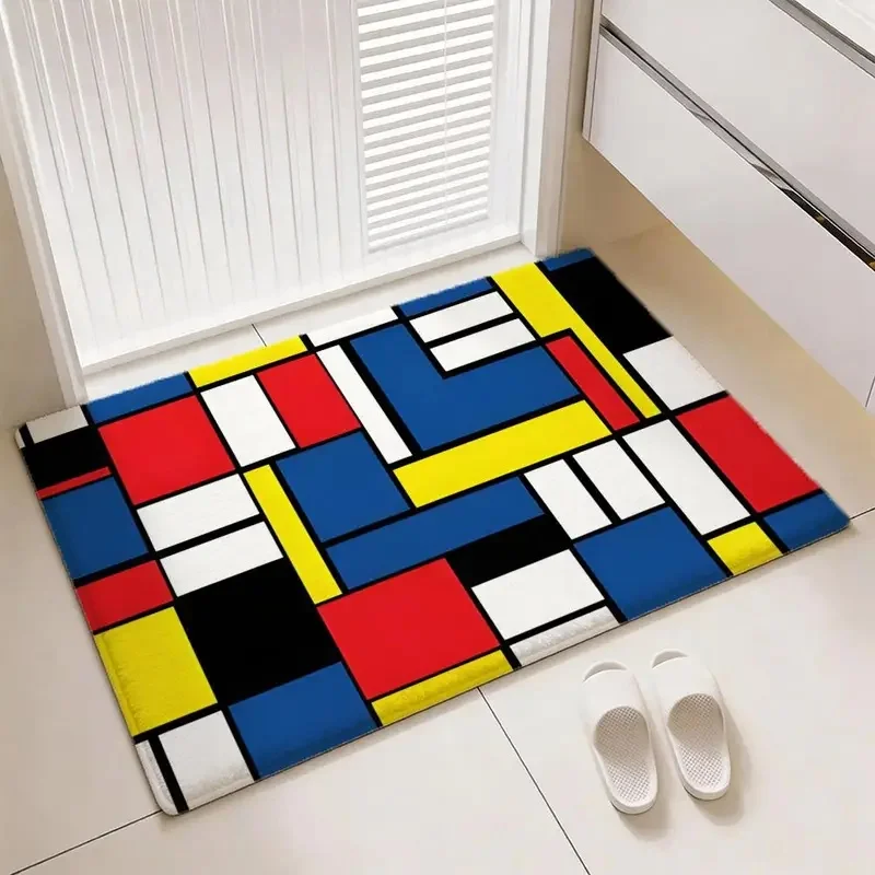VIKAMA Mondrian Style Geometric Color Block Non-slip Bath Mat Modern Art Red Blue Yellow Grid Water Absorbent Entrance Decor Rug