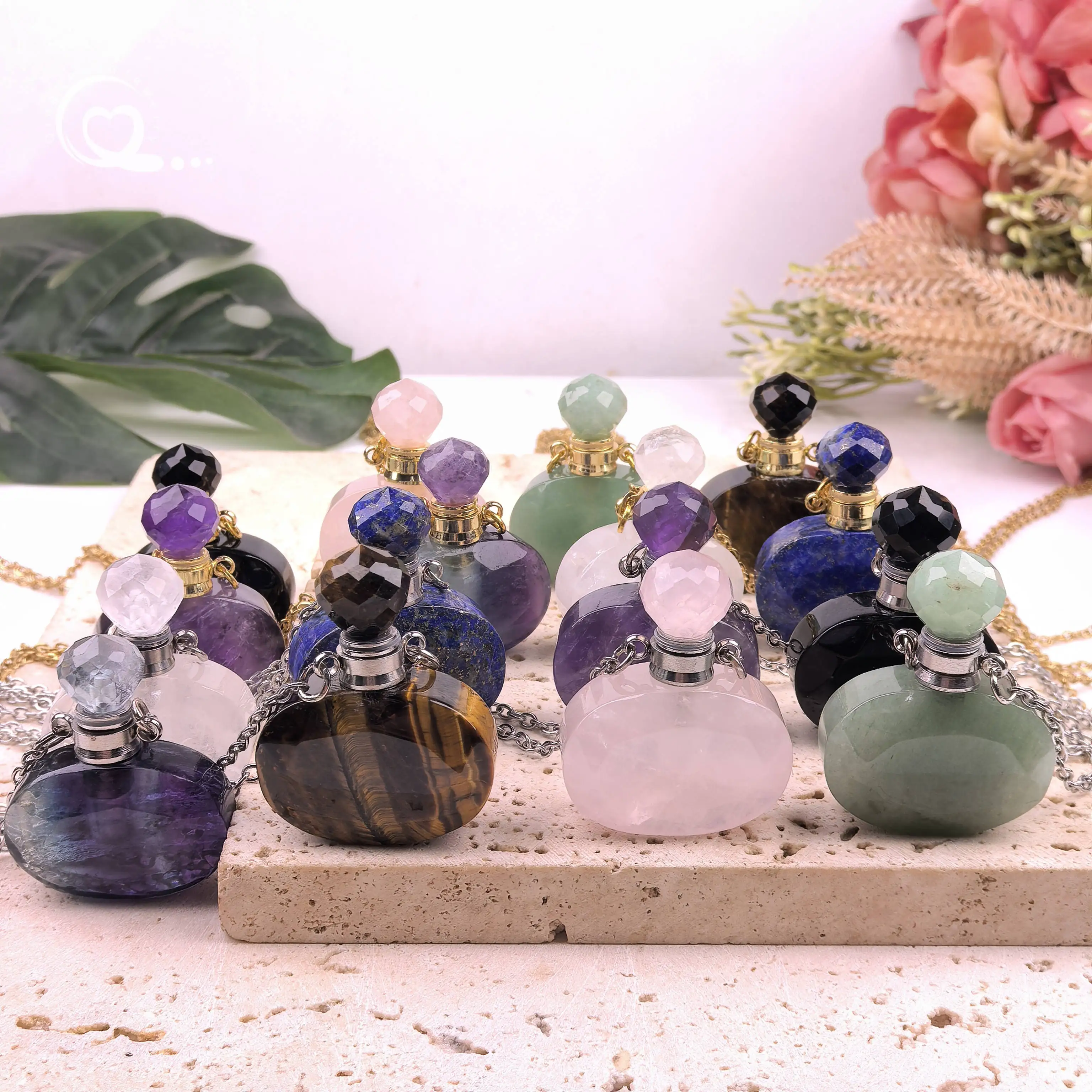 

Tiger Eye Amethyst Perfume Bottle Necklace Faceted Rose Quartz Crystal Essential Oil Diffuser Vial Pendant Chains Jewelry QC1169