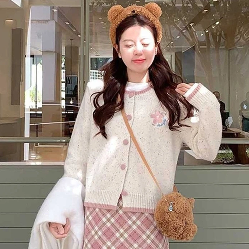 Women Flecked Knit Cardigan Floral Embroidery Contrast Trim Sweater Oversized Round Neck Y2K Coquette Winter Coat Top