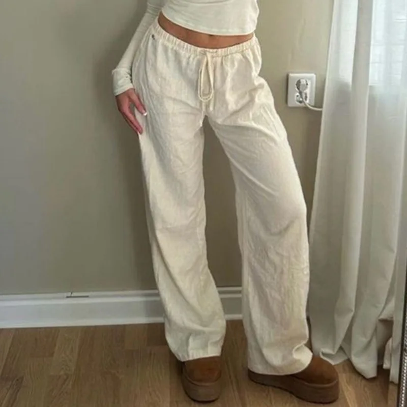 Solid Color Straight Tube Loose Casual For Women's Summer New Style Thin Basic Simple Drawstring Tied Long Pants Trend