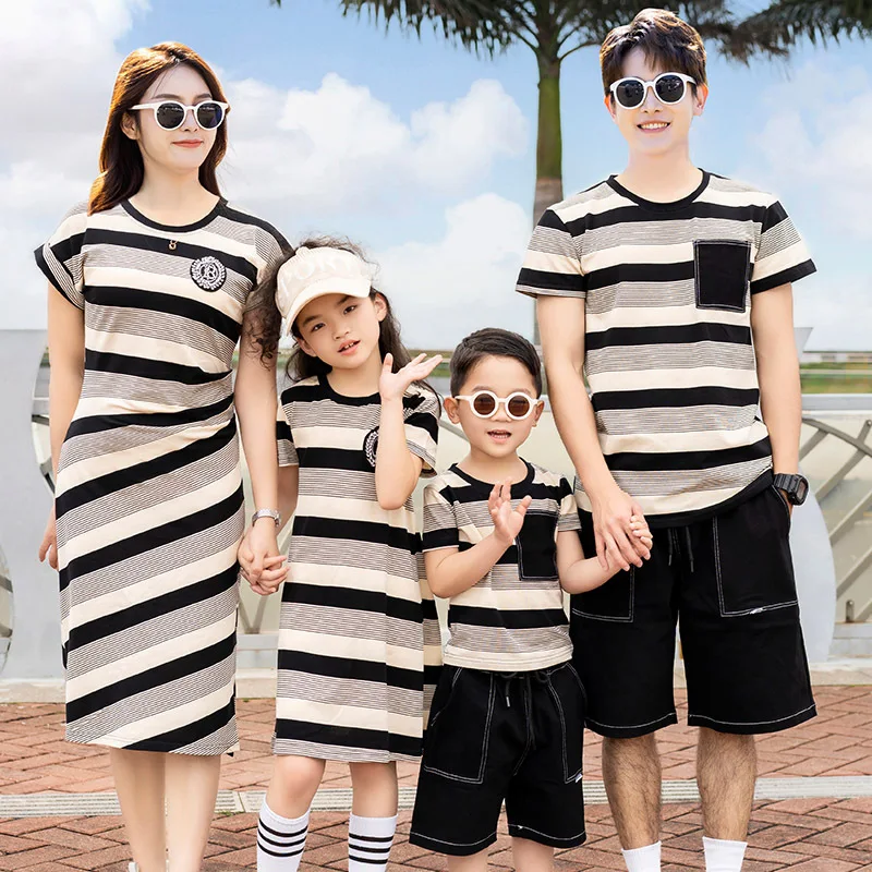 

Father and Daughter Matching Family Son and Mom Clothes Mother and Baby Girl Striped Dress Korea Fashion Dad Children Outfits