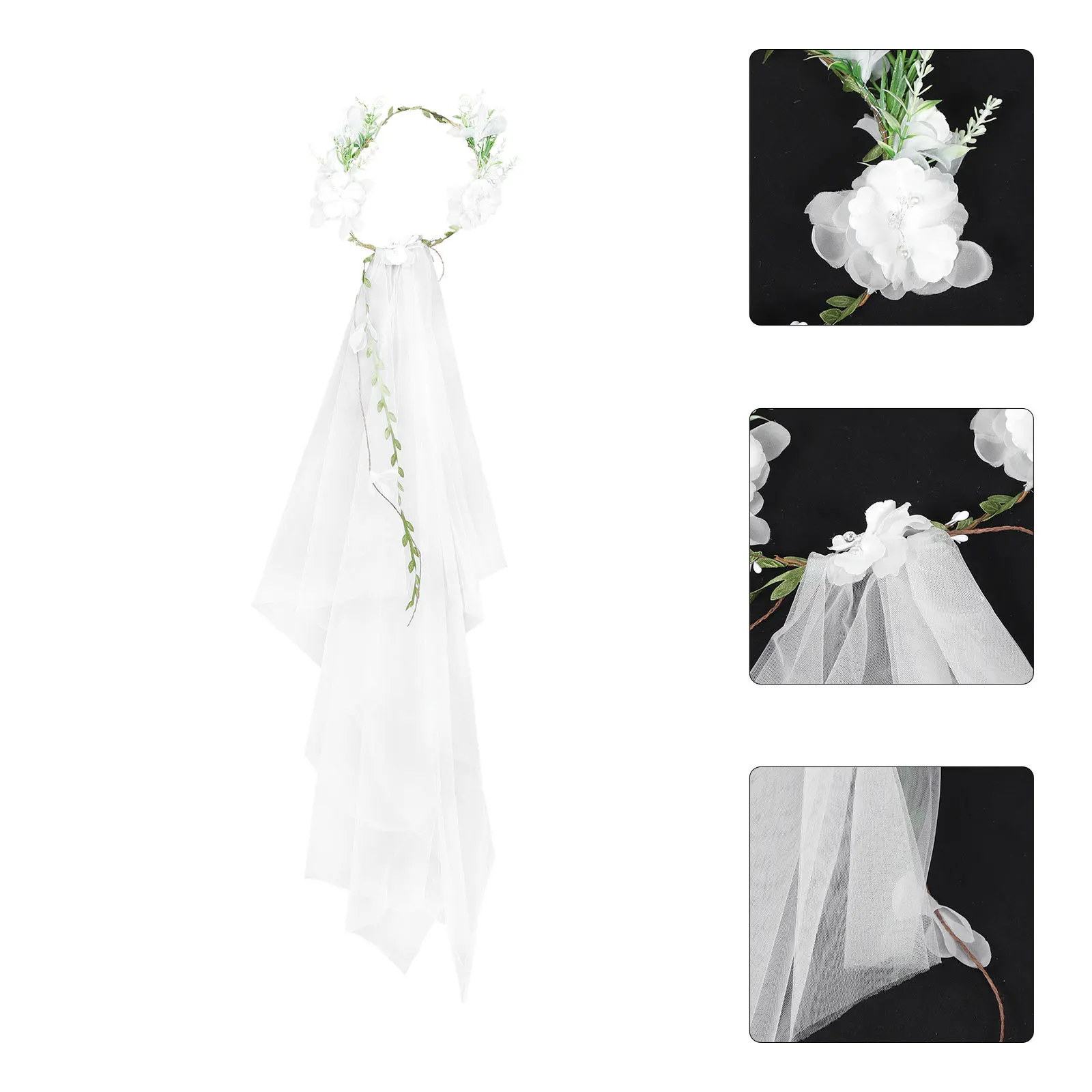 

Bride Flower Decor Veil Handmade White Rattan Garland Elegant Bridal Hair Accessory Floral Headpiece Wedding Veil Woman