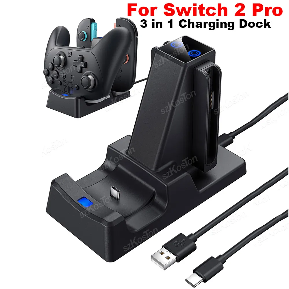قاعدة شحن 3 في 1 لوحدة تحكم Switch 2 Pro JoyCon لـ Switch2 Joy-con 2 مع مؤشر LED وكابل الشاحن