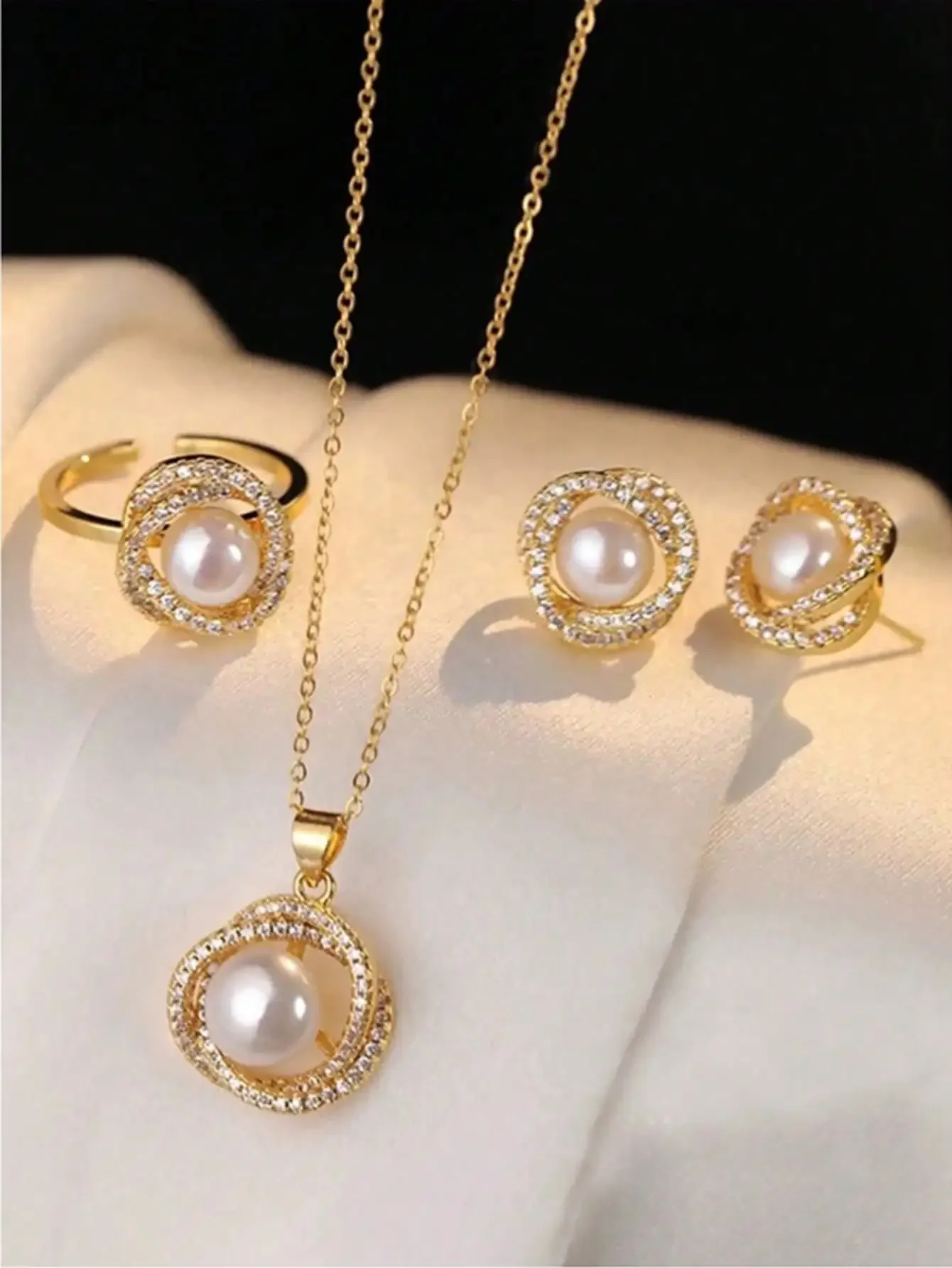 4-Piece Gold-Tone Faux Pearl Jewelry Set with Rhinestone Accents for Women