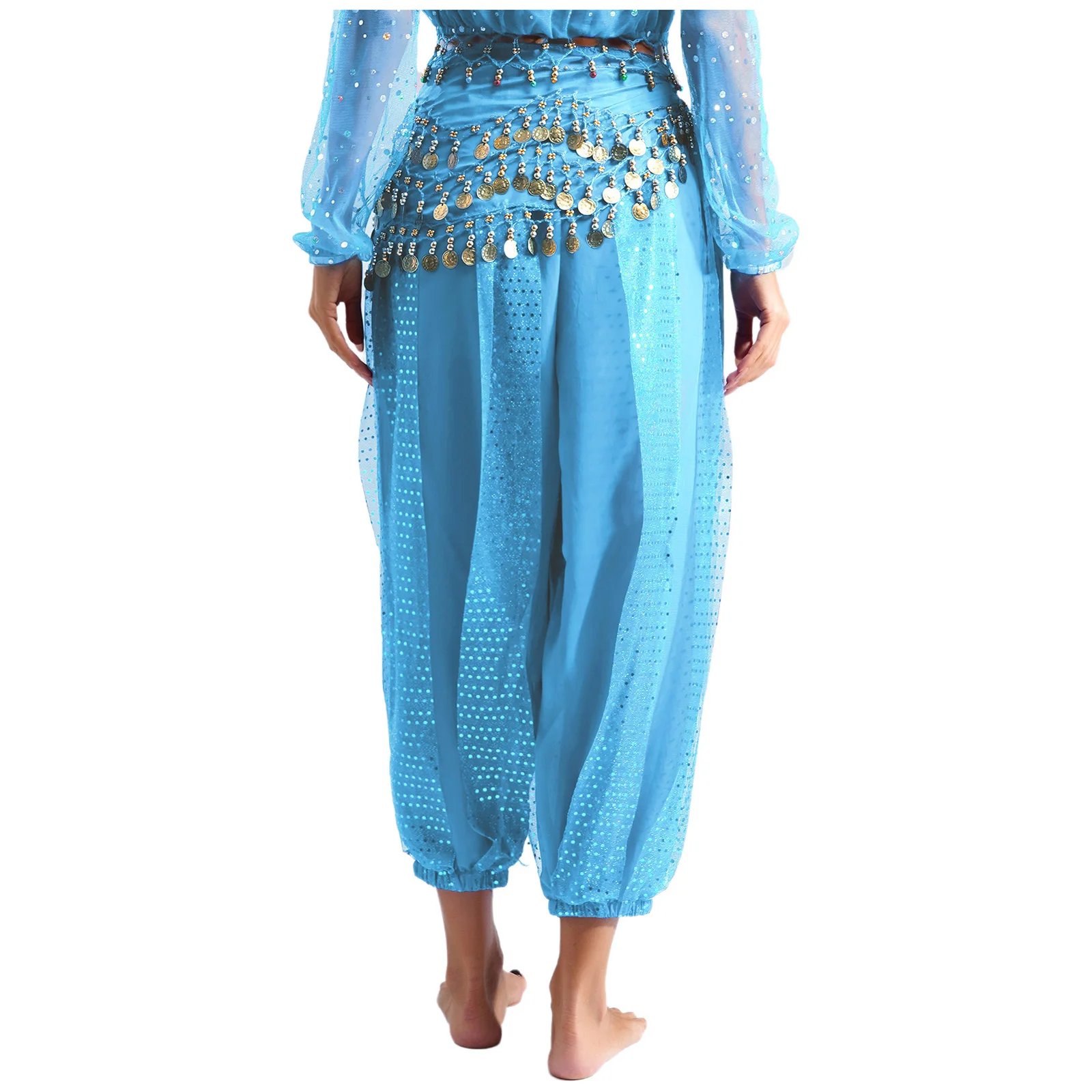 Women's Belly Dance Harem Pants Elastic Waistband Sequined Layer Trouser and Lace-up Hip Scarf Arabic Performance Loose Pants